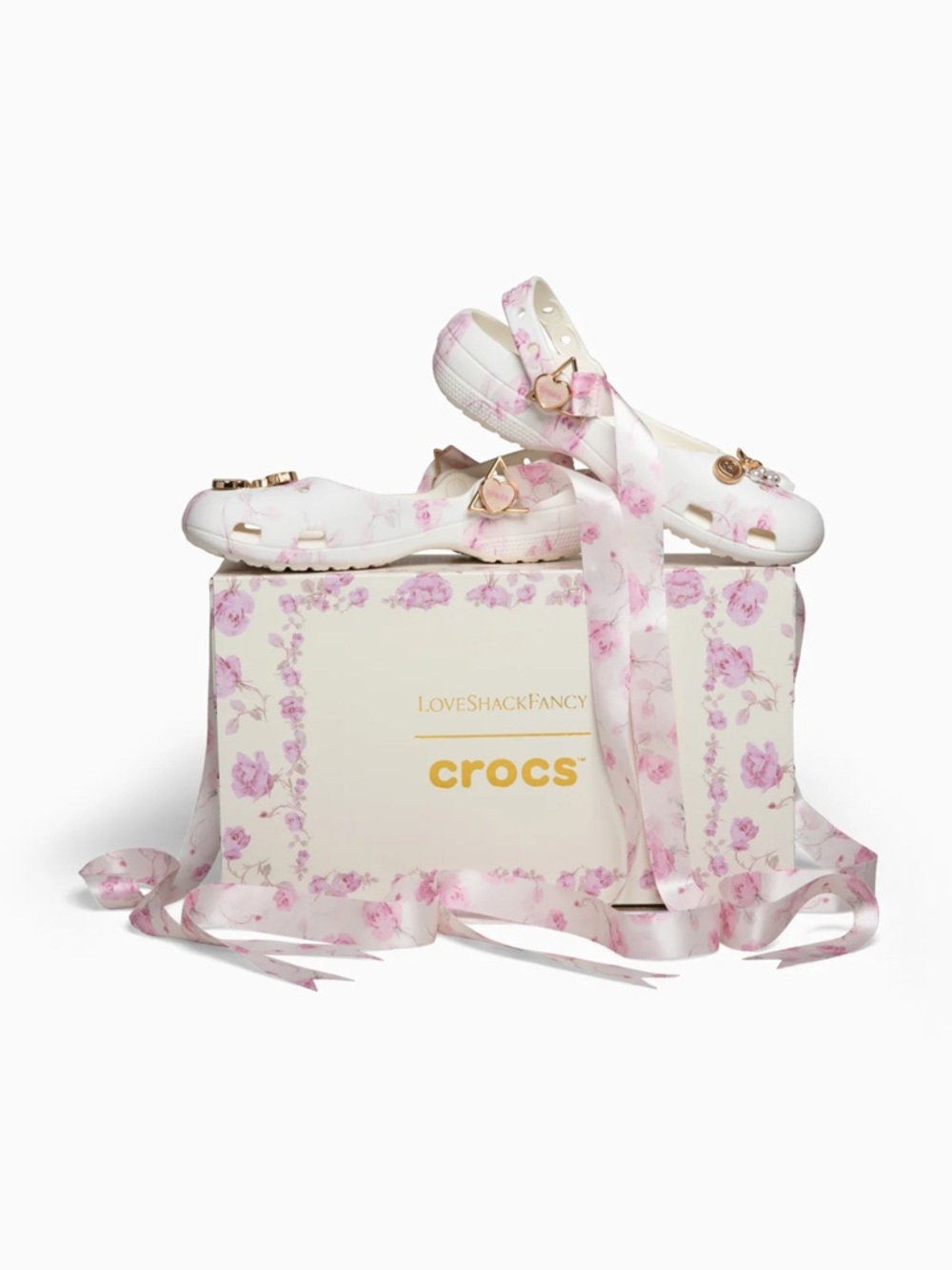 LoveShackFancy x Crocs White and Pink Floral Ribbon Clog Sandals